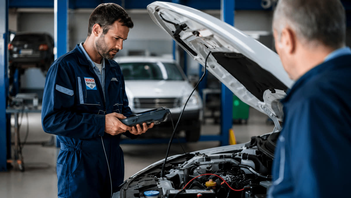Mecânico com uniforme Bosch Service usando o scanner de diagnóstico no motor de um carro