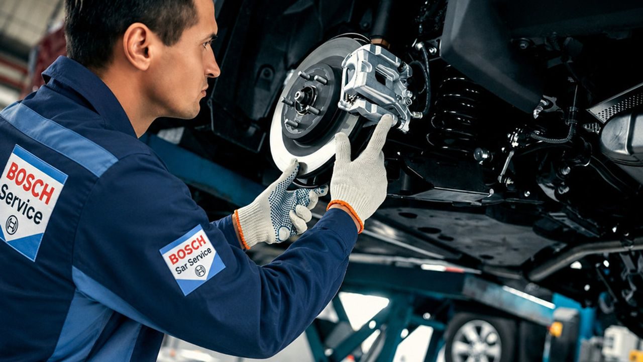 Mecânico da Araújo Auto Center realizando manutenção no sistema de freios de um veículo